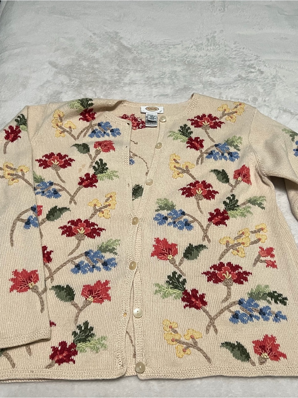 Talbots Cream Cardigan with Red, Blue & Yellow Floral Embroidery